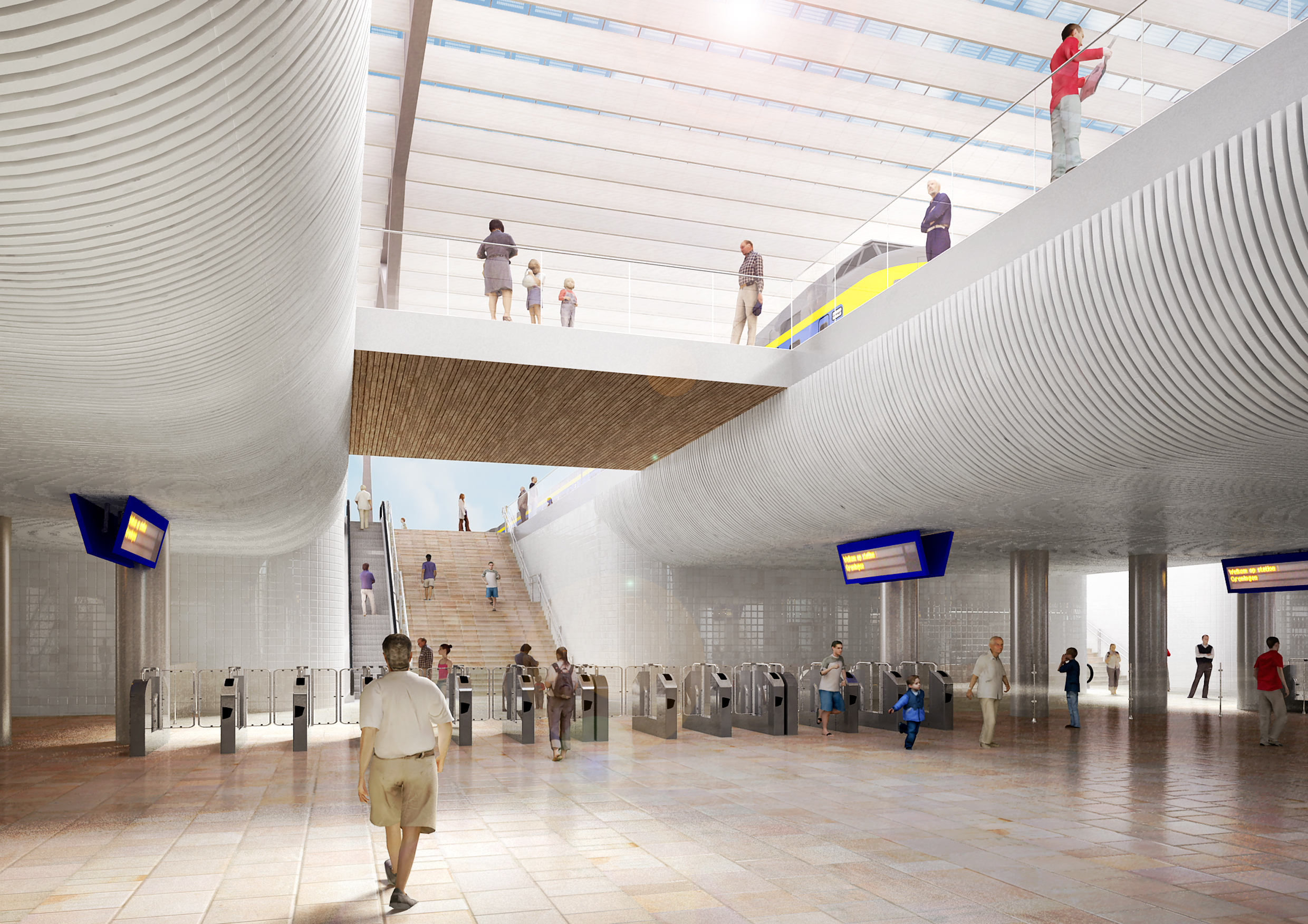 Impressie van hoe de voetgangerstunnel op het Hoofdstation er mogelijk uit komt te zien, met zicht op de (rol)trap naar het perron.