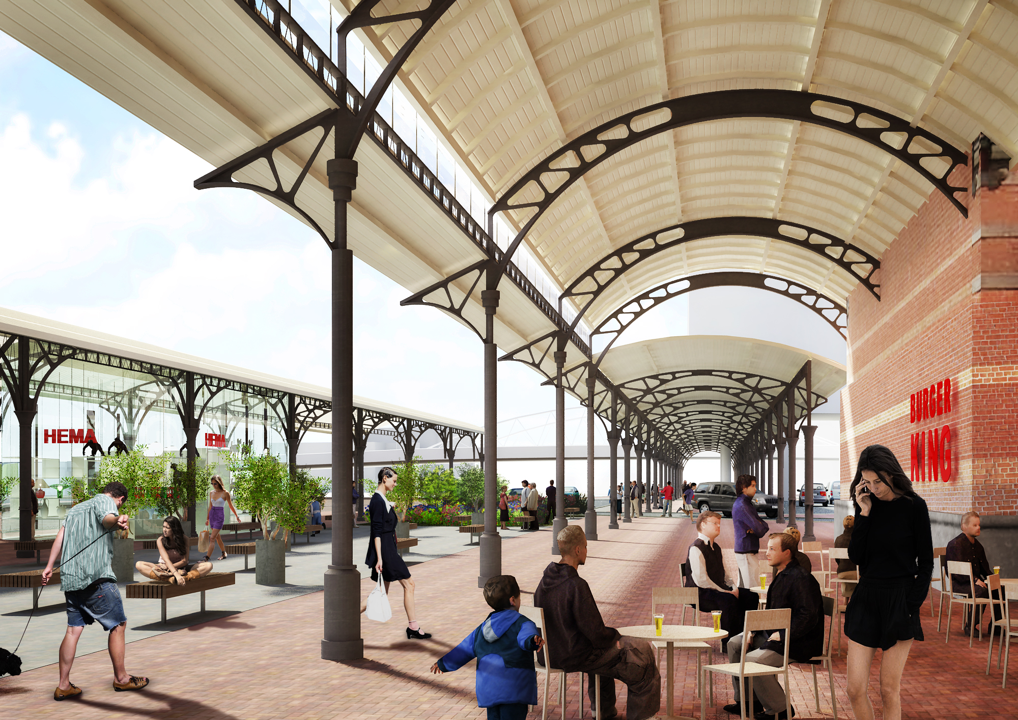 Impressie van hoe het nieuwe perronplein er mogelijk uit komt te zien, kijkend richting het Emmaviaduct.