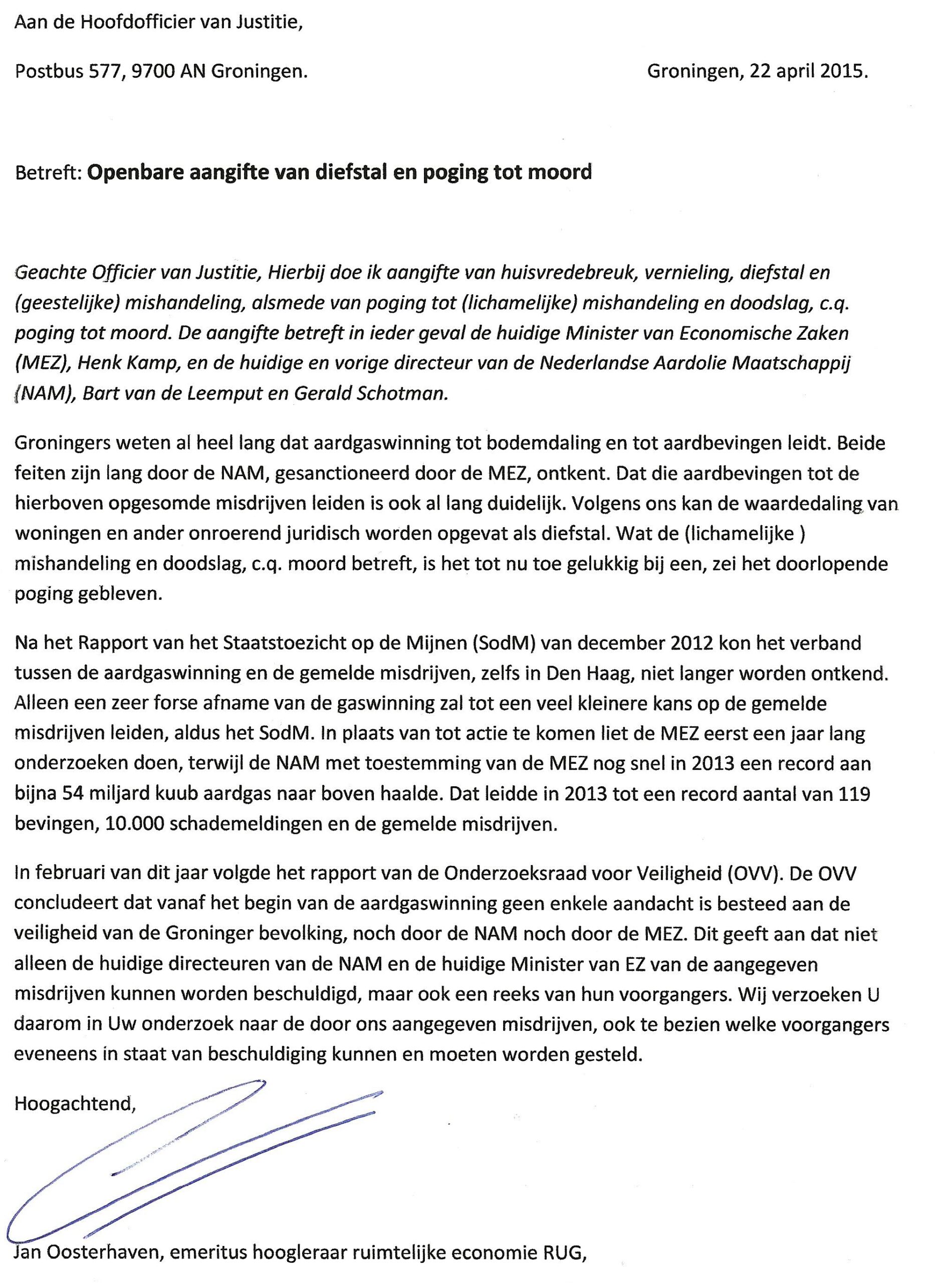 De aangifte van Prof. dr. Oosterhaven