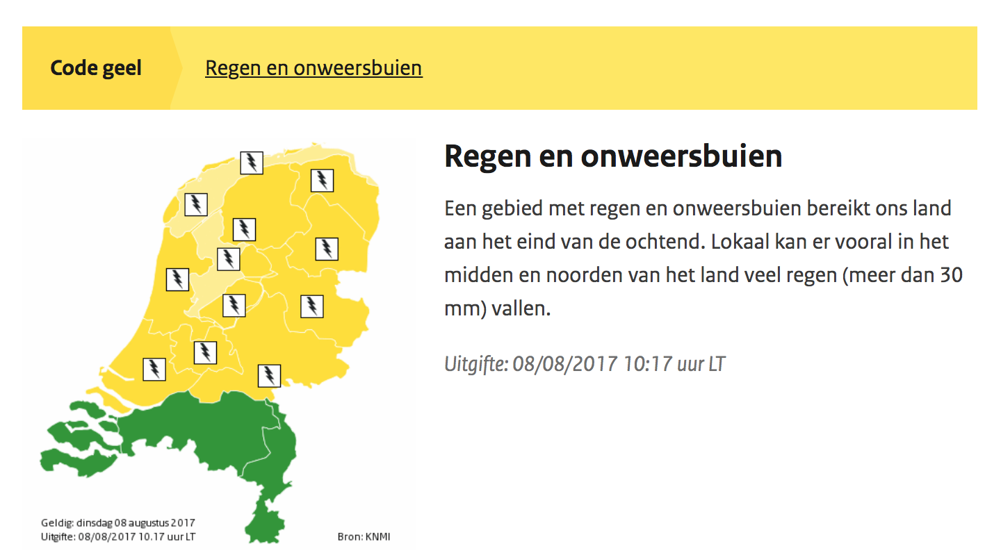 Code geel vanaf 14.00 uur vanwege regen en onweersbuien
