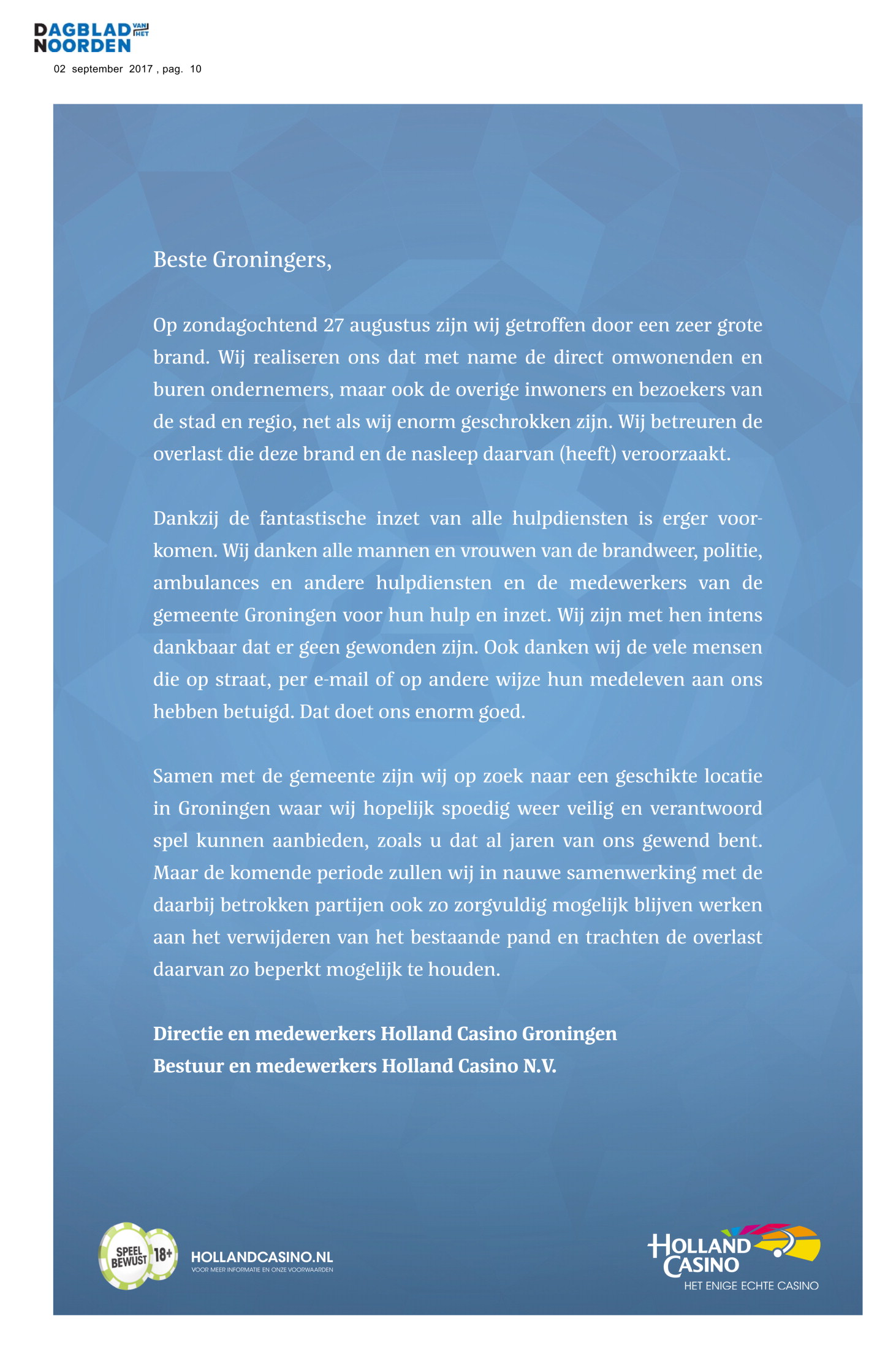 Holland Casino bedankt hulpverleners met advertentie