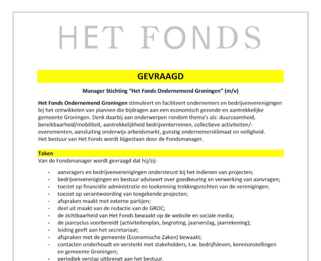 Gezocht: Manager Stichting “Het Fonds Ondernemend Groningen” (m/v)