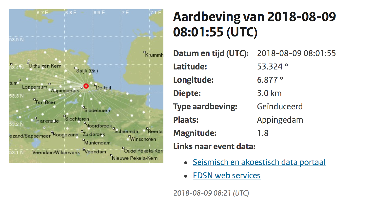 Weer aardbeving bij Appingedam, nu met magnitude van 1.8