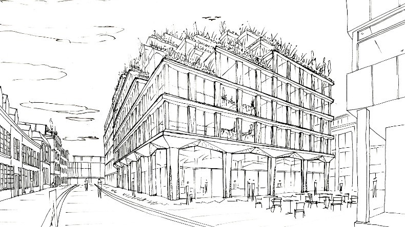 Een impressieschets van de buitenzijde van Mercado