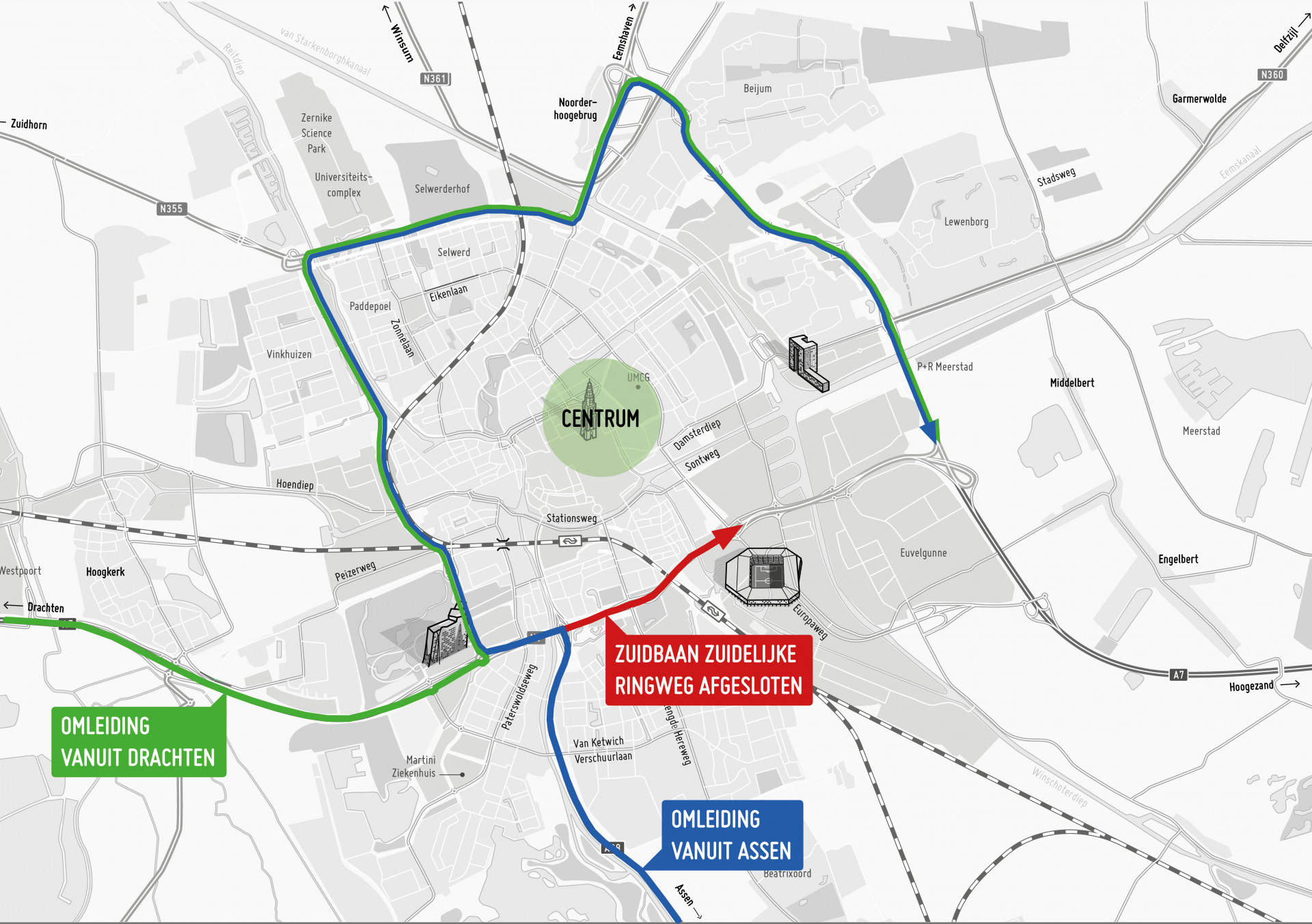 De omleidingsroute voor het verkeer richting Hoogezand