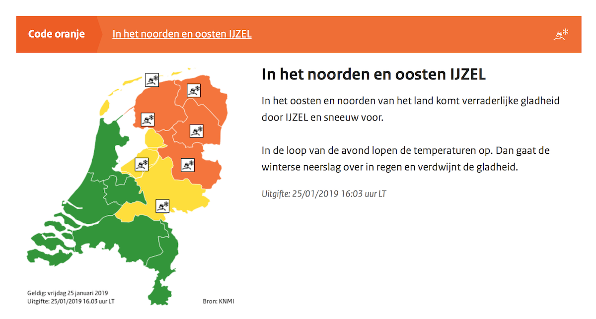 * CODE ORANJE * KNMI en Meldkamer waarschuwen voor grootschalige gladheid * "Stel je reis indien mogelijk uit" *