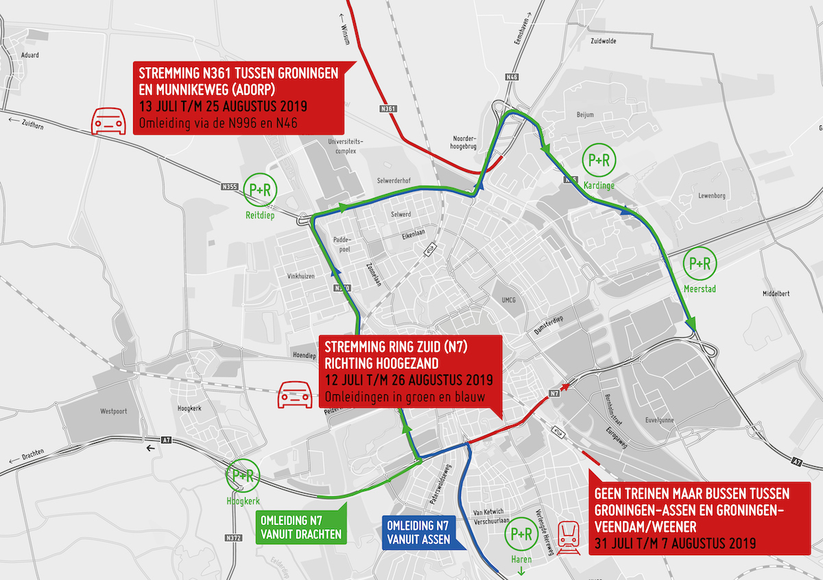 Zomervakantie: stremmingen op N7 (Hoogezand) en N361 (Adorp)