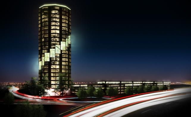 Impressie van de toren 's nachts, als ie klaar is