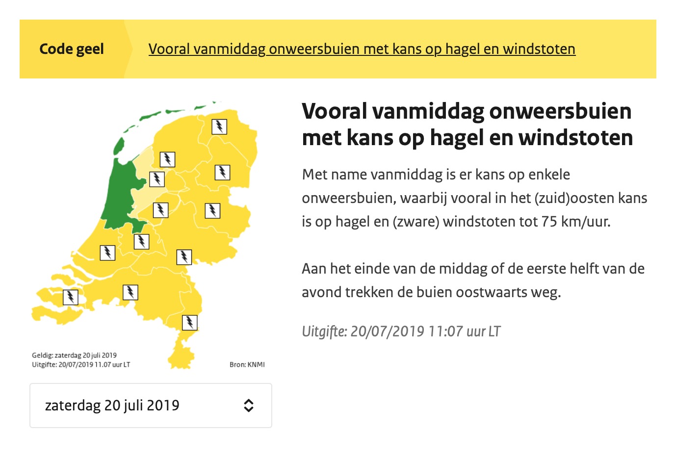 Vanaf 13.00 uur code geel vanwege onweersbuien