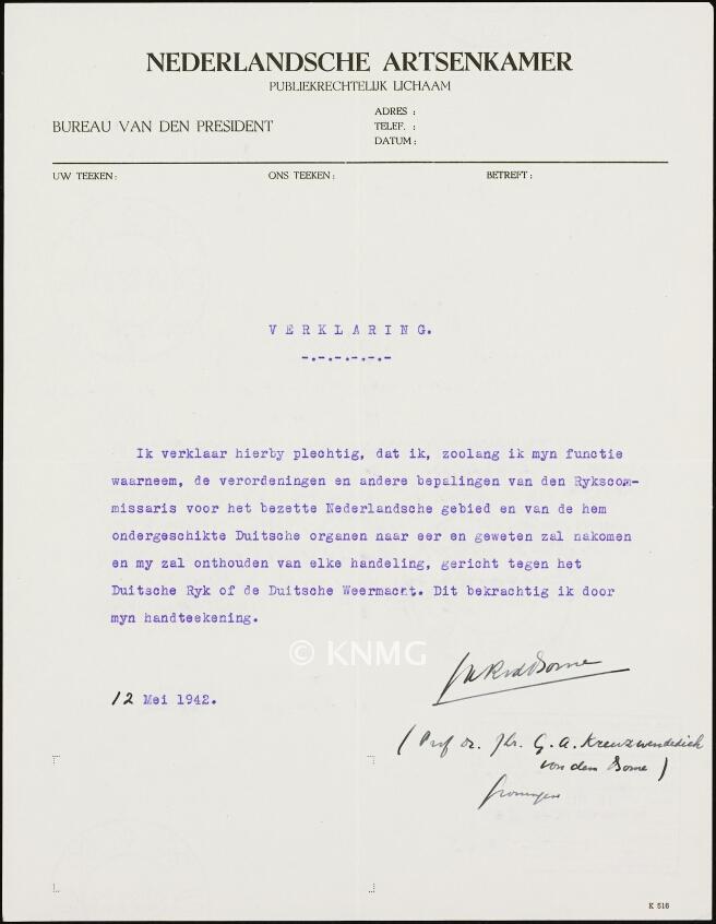 Verklaring voor de 'Nederlandsche artsenkamer'