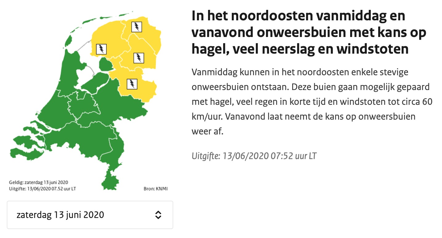 Zaterdag vanaf 13.00 code geel als waarschuwing voor onweersbuien