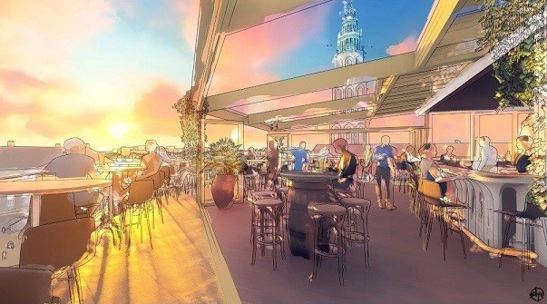 Op de bovenste verdiepingen van Merckt bevinden zich 18 appartementen. Die zijn allemaal verkocht en het merendeel wordt ook al bewoond. Daarnaast gaat de rooftopbar, op het dak, na de zomervakantie open. (Impressie: Groningen Vernieuwt).