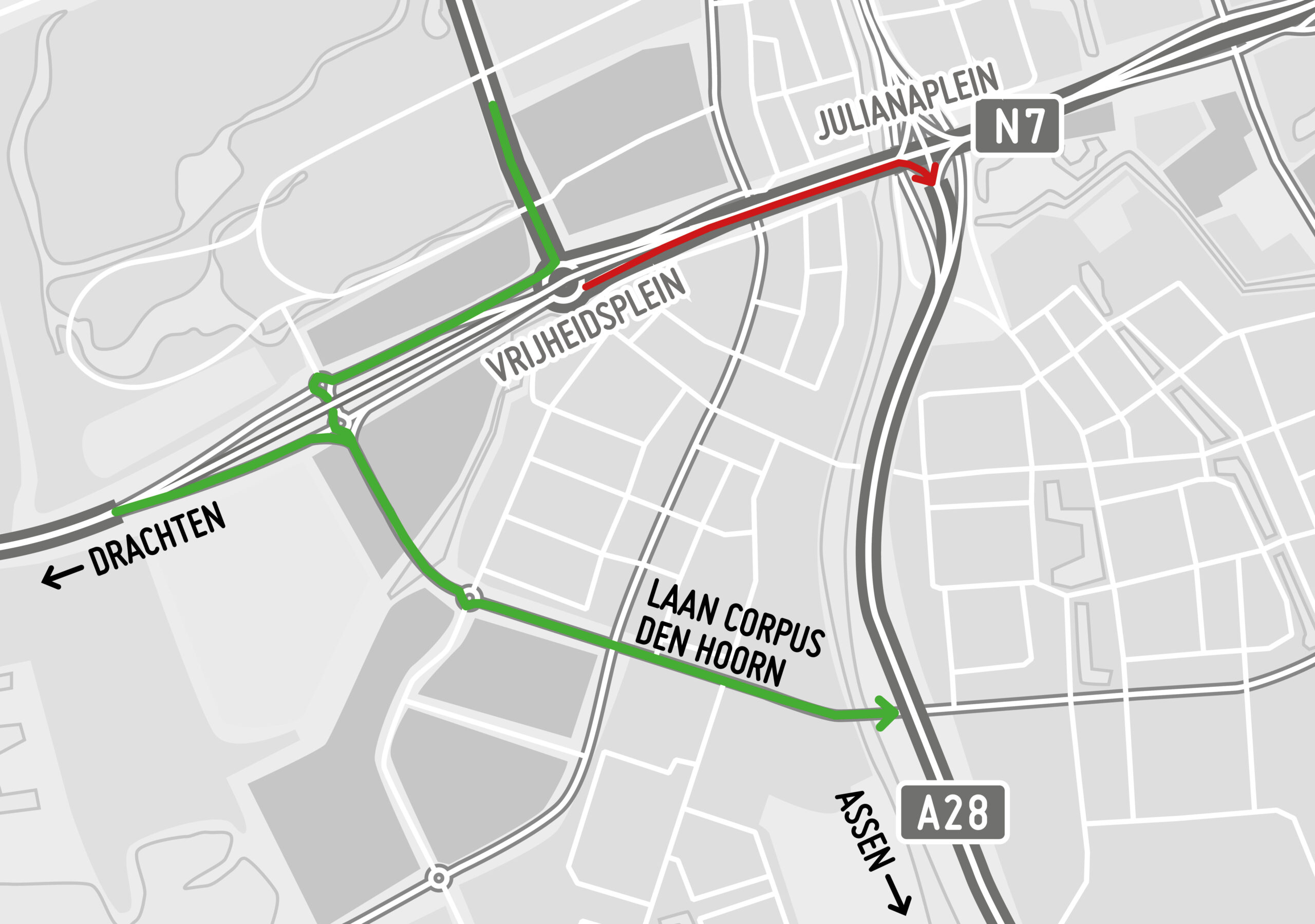 Stremming toerit N7 van Vrijheidsplein richting A28 en de afslag naar de A28 vanuit de richting Drachten