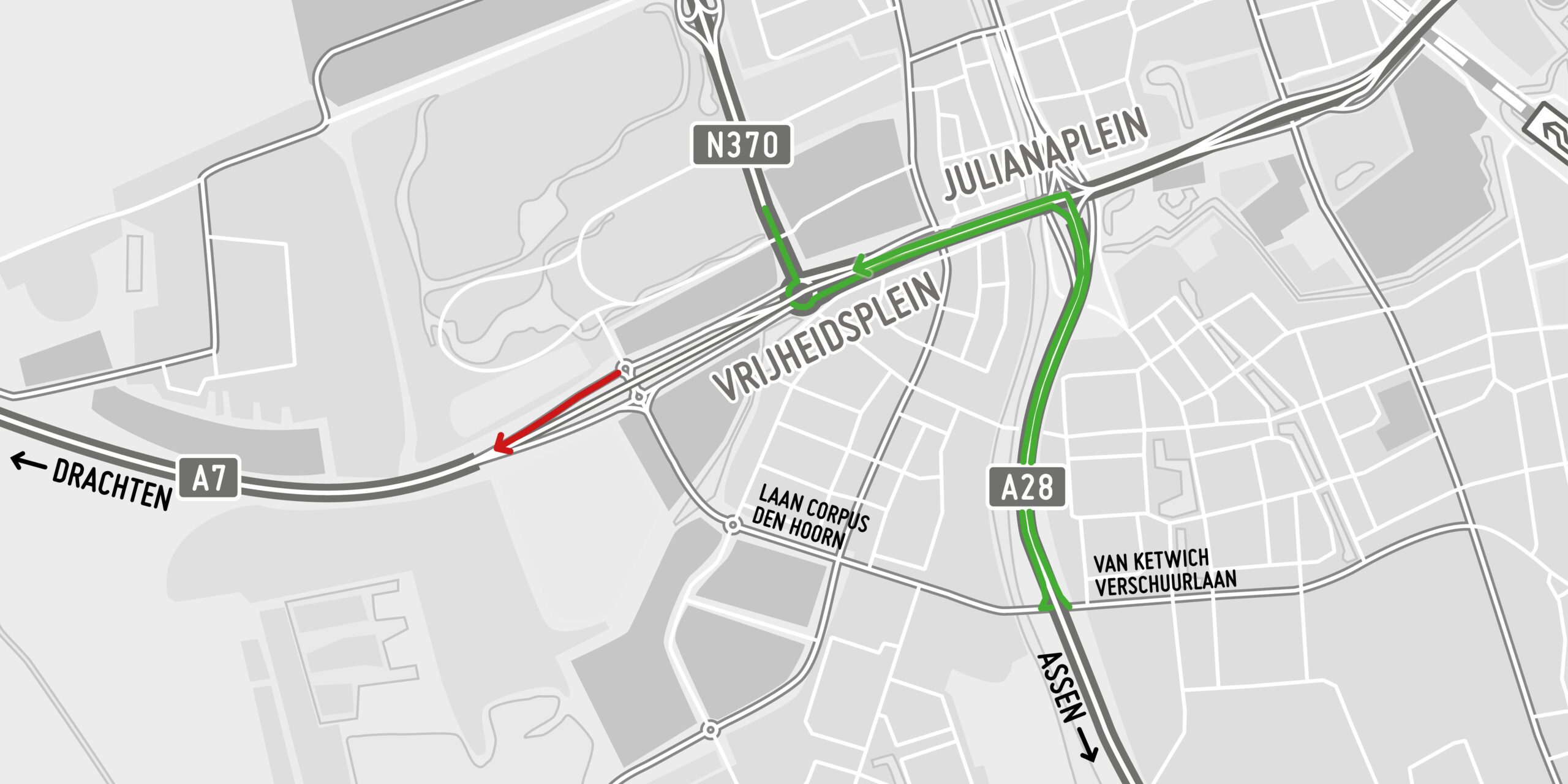 Werkzaamheden bij Laan Corpus den Hoorn; toerit richting Drachten dit weekend dicht