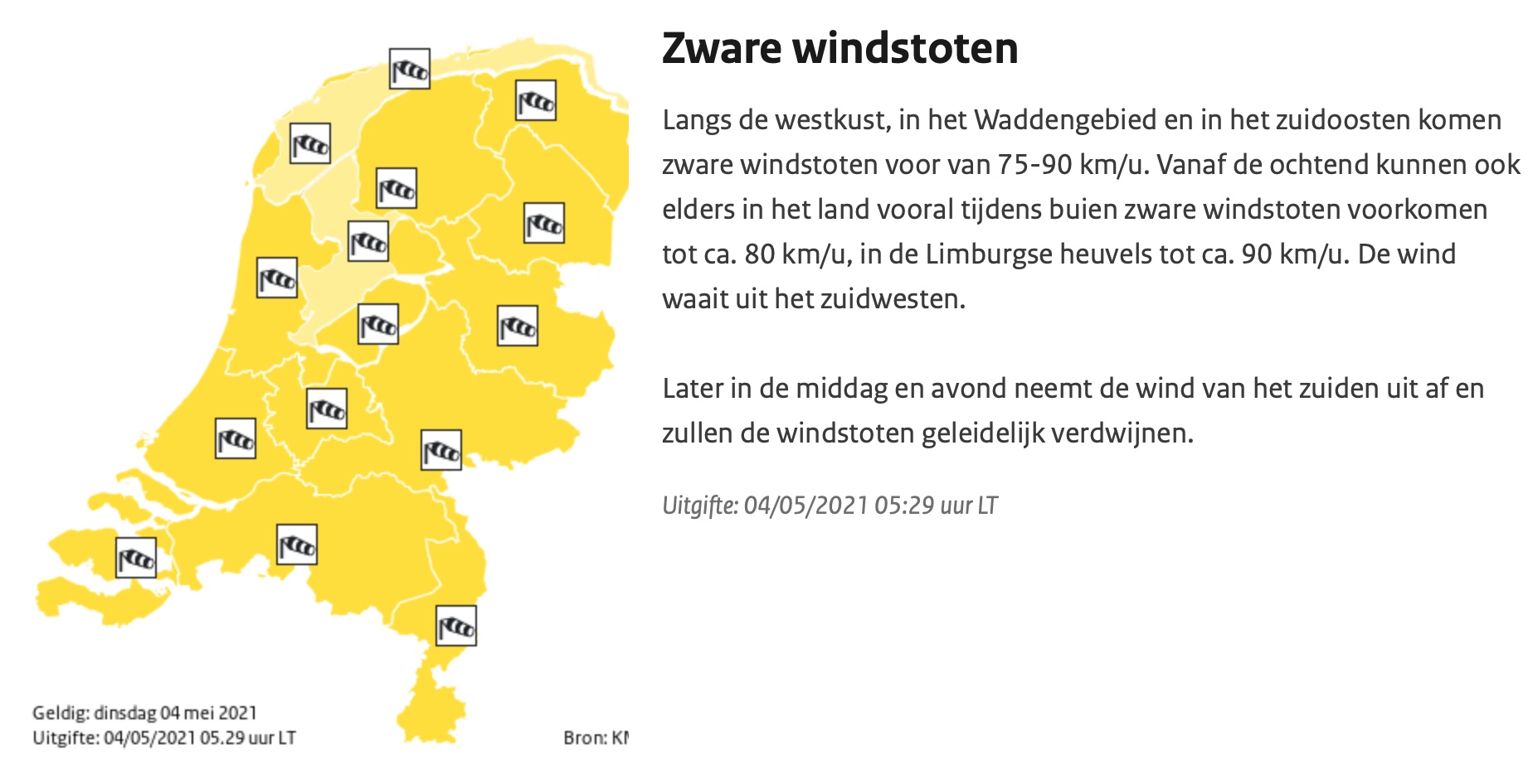 Code geel vanwege zware windstoten