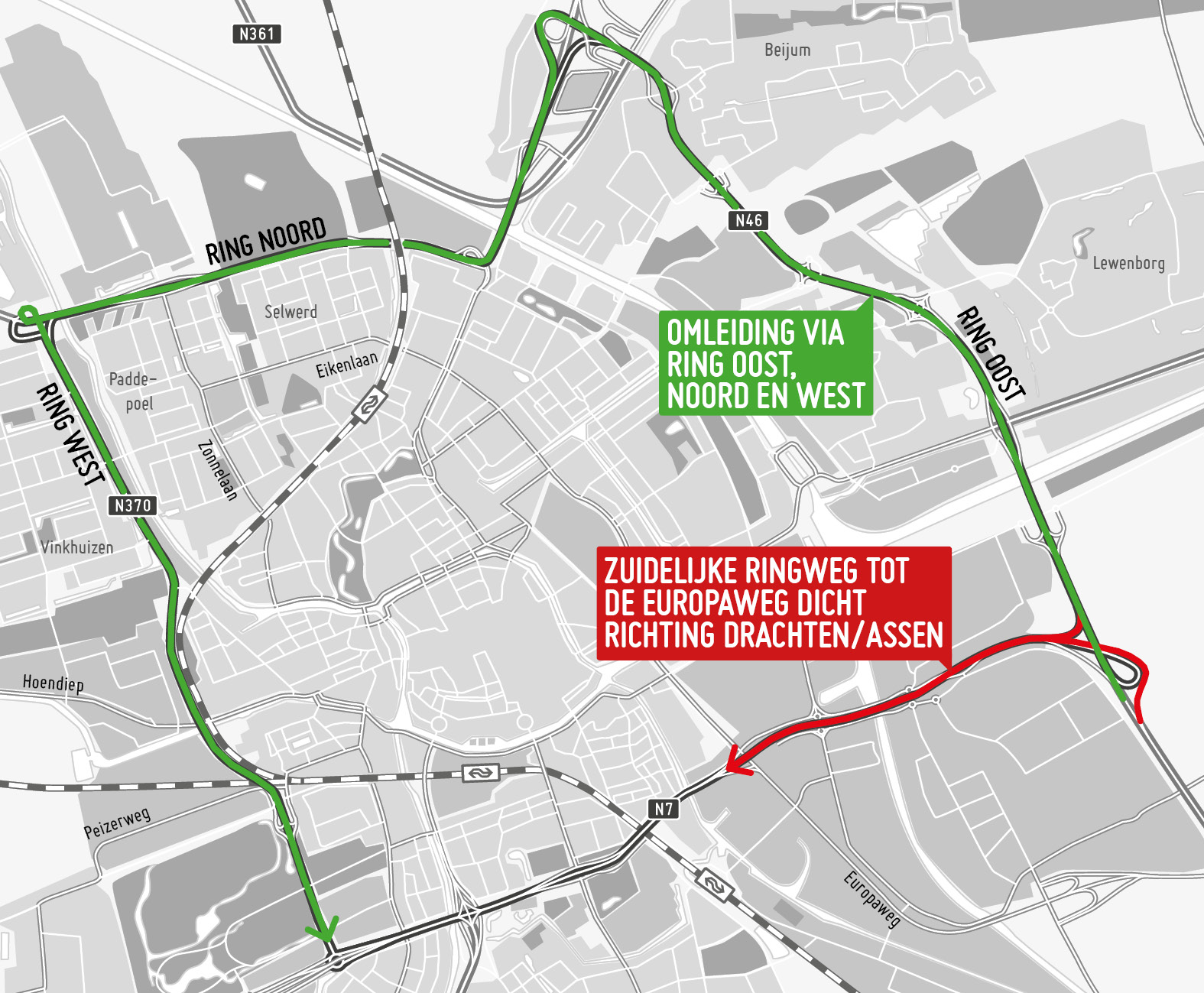 De omleiding via de oostelijke, noordelijke en westelijke ringweg