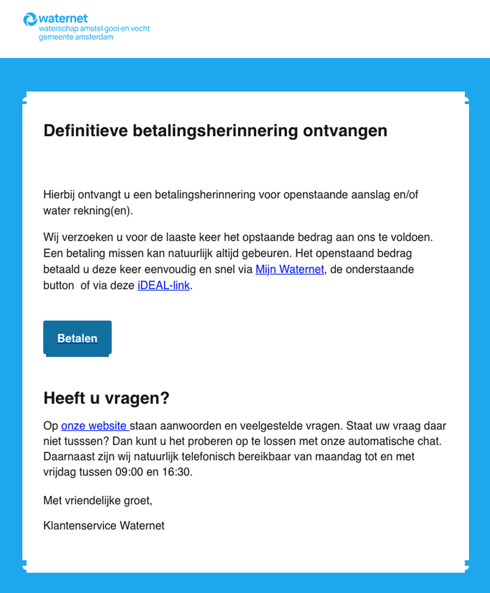Waterbedrijf waarschuwt voor malafide phisingmail over ‘Waternet’