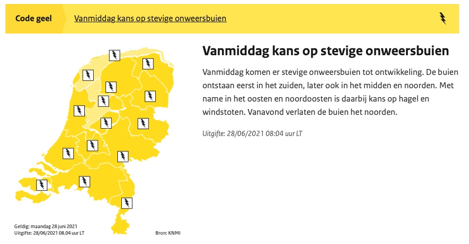 Code geel: vanmiddag kans op stevige onweersbuien
