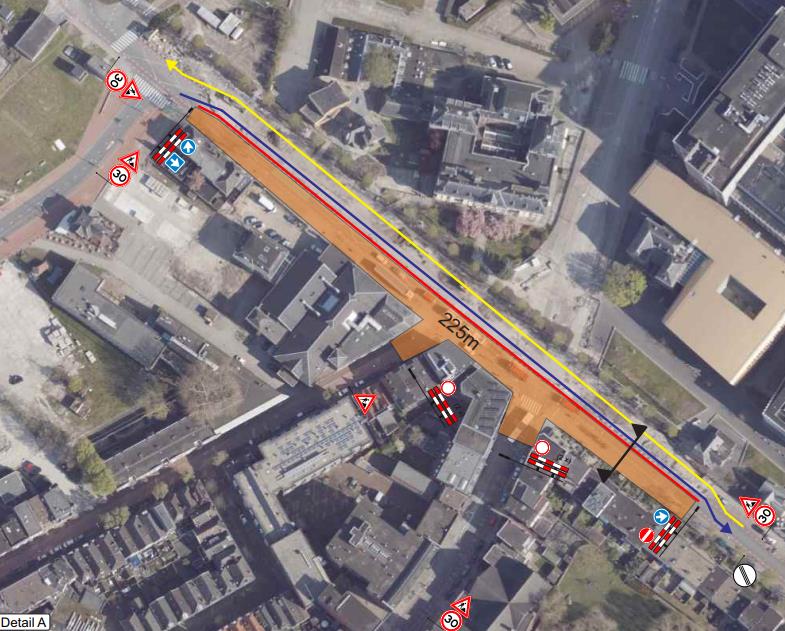 Gele lijn: fietsers richting Vrydemalaan, blauwe lijn: auto's, bussen en fietsers, oranje vlak: afsluiting