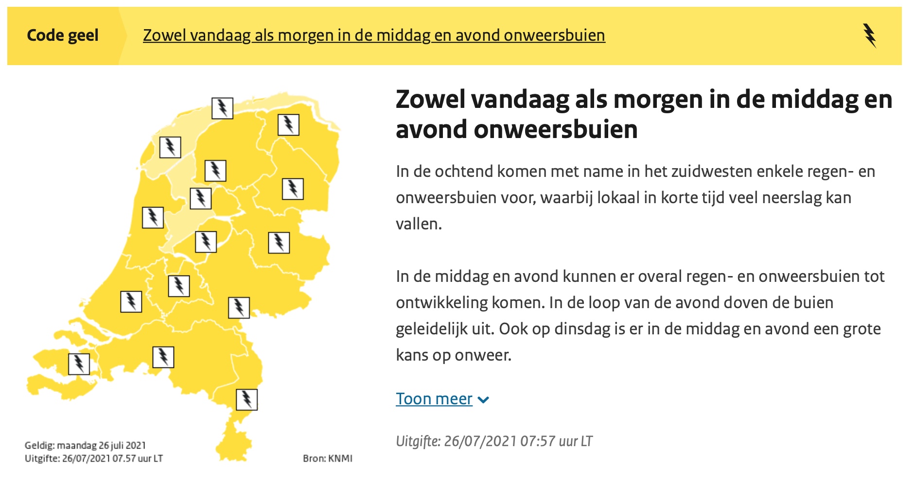 Maandag- en dinsdagmiddag code geel in verband met onweer