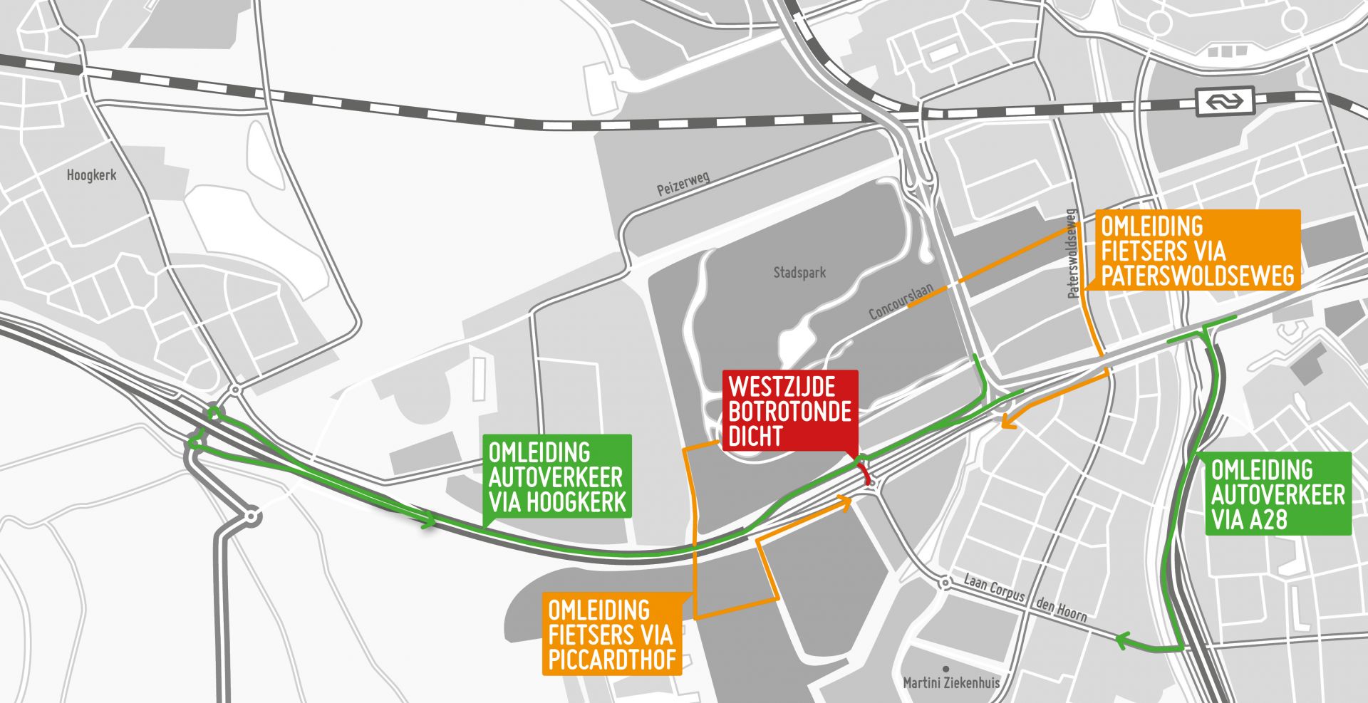 De westzijde van de botrotonde is dicht. Autoverkeer en fietsers worden omgeleid.