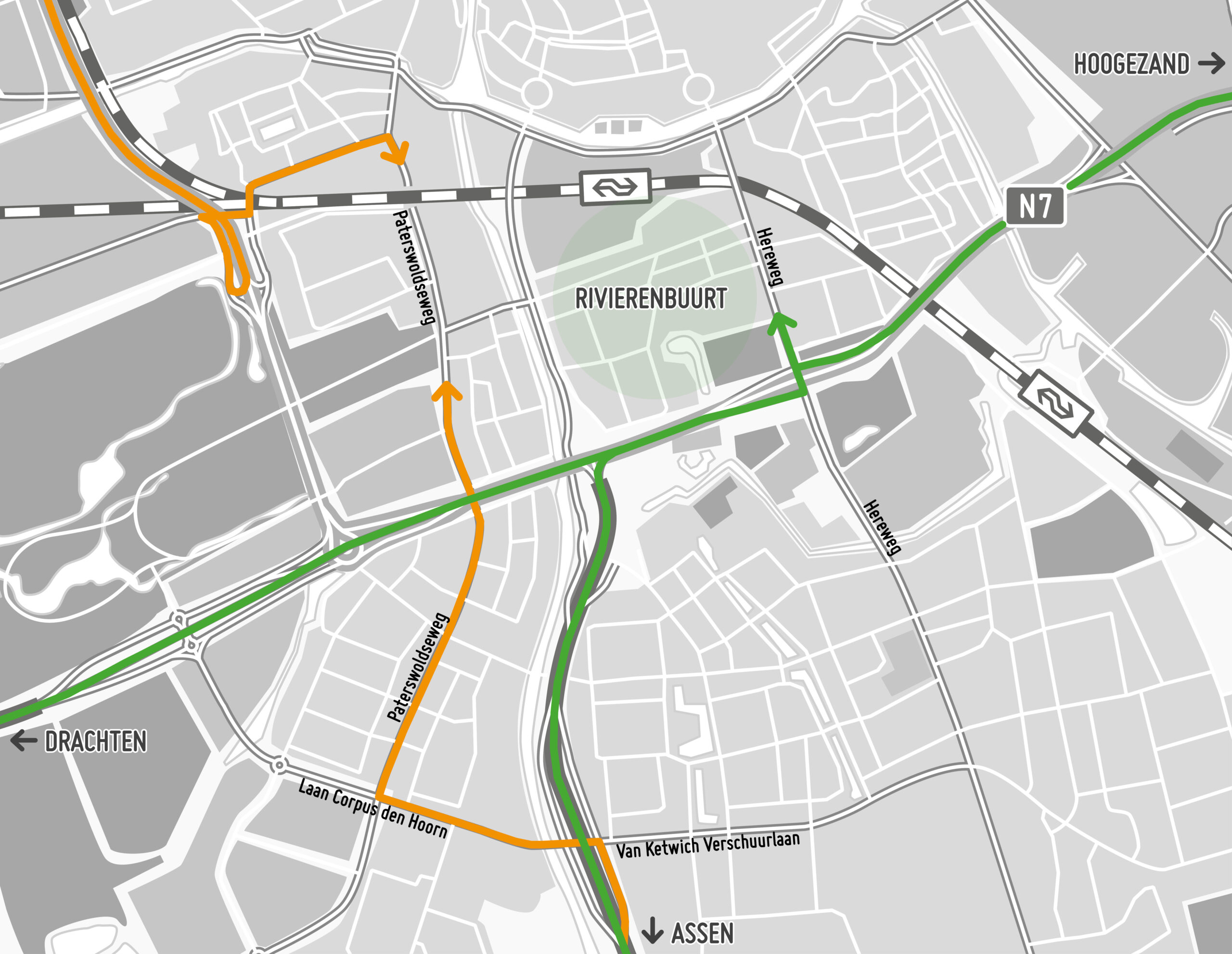 De Rivierenbuurt is aan de westkant te bereiken via de Paterswoldseweg (oranje) en aan de oostkant via de Hereweg (groen).