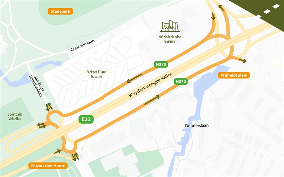 De superrotonde, bestaande uit het Vrijheidsplein en de dubbele rotonde bij Corpus den Hoorn/Stadspark.