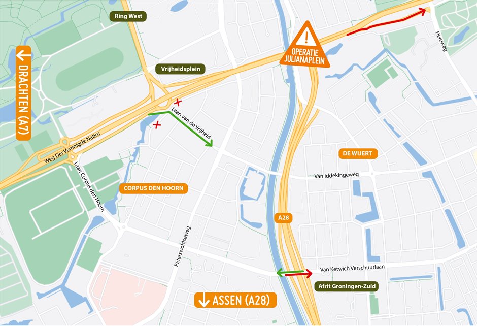 De tijdelijke verkeerssituatie in het zuiden van de stad. Vanaf de Van Ketwich Verschuurlaan gaan de auto's in kleine aantallen naar de Laan Corpus den Hoorn, om daar een opstopping te voorkomen.
