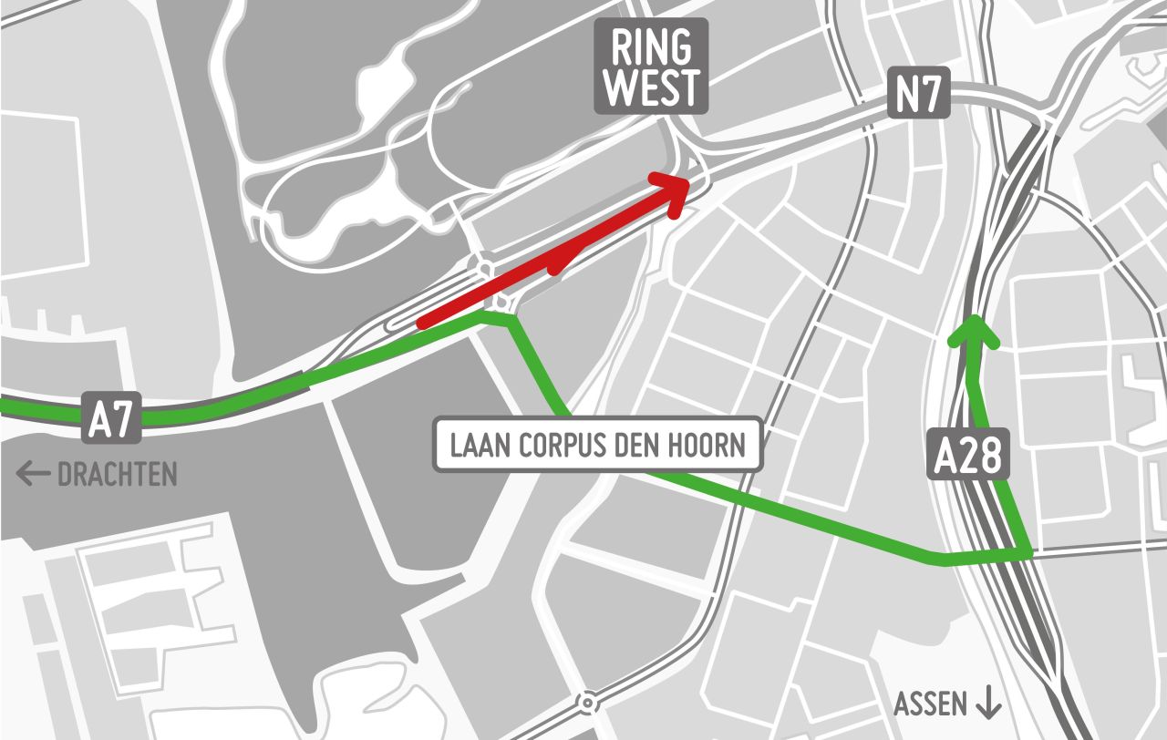 In rood de afsluiting van de N7. In groen de omleidingsroute.
