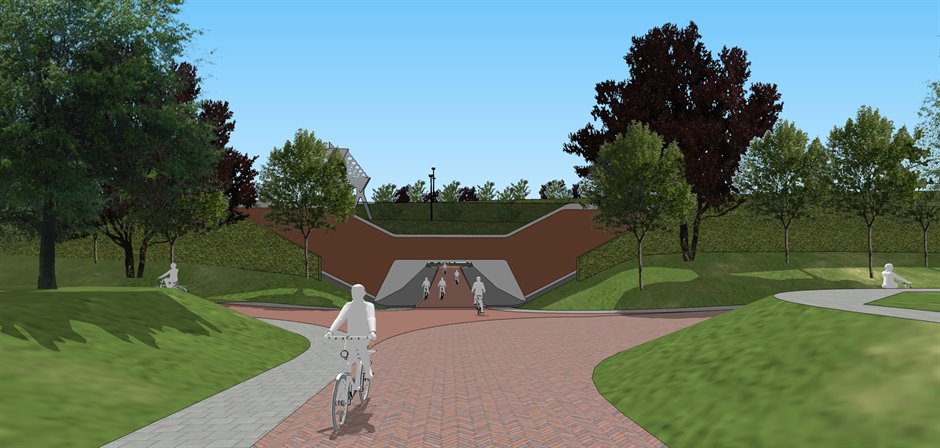 Impressie van de nieuwe Papiermolentunnel, gezien vanaf de noordzijde (Merwedestraat, Rivierenbuurt).