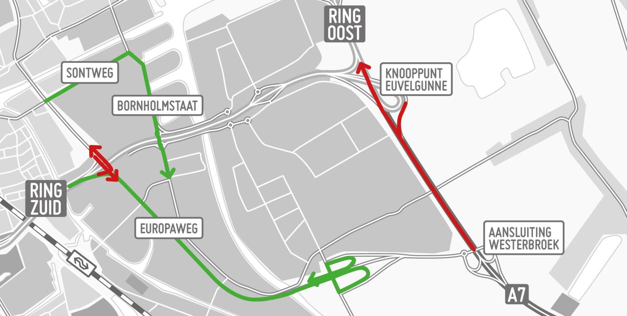 Omleidingsroutes voor de afsluiting van de Europaweg